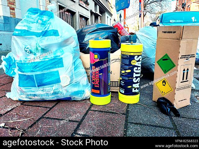 Illustration picture shows nitrous oxide (laughing gas - lachgas - protoxyde d'azote) at the illegal dump in a street in Brussels, Sunday 17 December 2023
