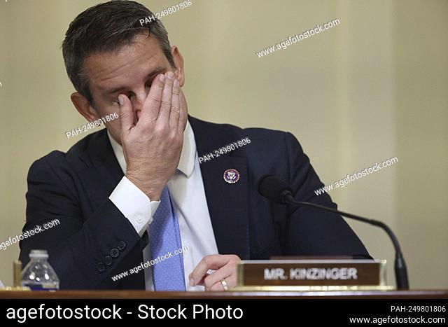 United States Representative Adam Kinzinger (Republican of Illinois) reacts as he speaks during his questioning after officer testimony before members of the...