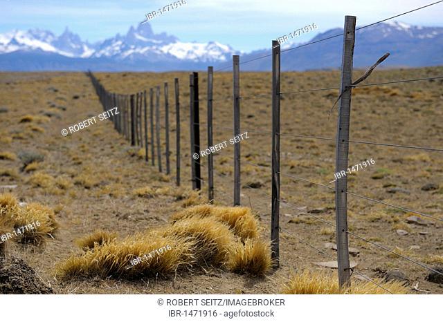 Estancia fence in front of the Andes, El Chalten, Patagonia, Argentina, South America