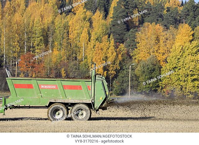 Salo, Finland - October 14, 2018: Bergmann manure spreader pulled by tractor at work on stubble field on a beautiful day of autumn