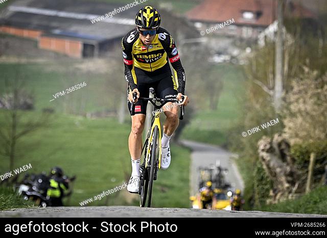 Belgian Wout Van Aert of Team Jumbo-Visma pictured in action during a training session on the track of the Ronde van Vlaanderen cycling race