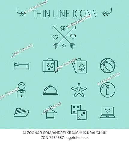 Travel thin line icon set for web and mobile. Set includes- beach ball, waiter, starfish, towel, dice, bed, luggage, laptop, wifi, card, food icons
