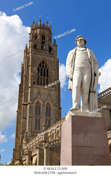 The Boston Stump, St. Bartolph's Church, with a statue of Herbert Ingram the founder of The Illustrated London News, Wormgate, Boston, Lincolnshire, England