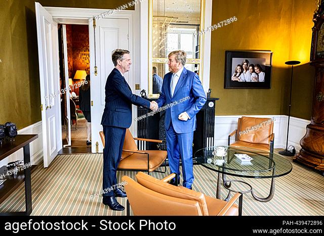 THE HAGUE, NETHERLANDS - DECEMBER 20: King Willem-Alexander of The Netherlands welcomes new elected chairman of the parliament Martin Bosma at Palace Huis ten...