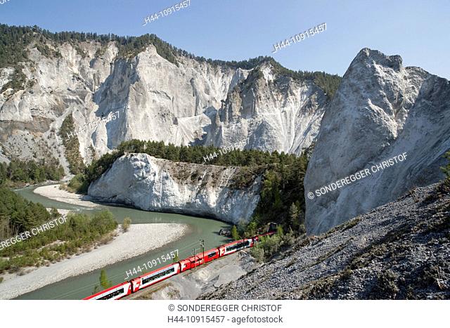 Road, Railway, train, railroad, river, flow, brook, water, gulch, canton, Graubünden, Grisons, Switzerland, Europe, Rhine, Glacier express, Rhaetian Railway