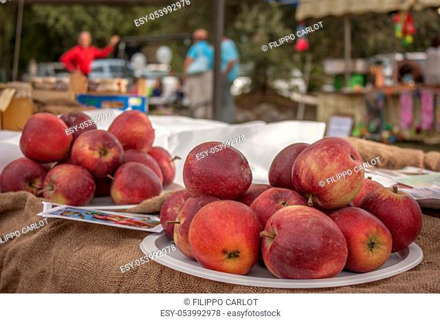 Two plates of red apples on top of a table at a traditional Italian banquet