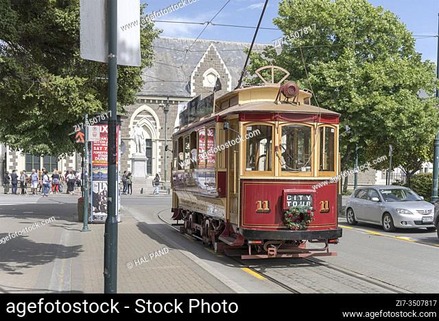 CHRISTCHURCH, NEW ZEALAND - December 03 2019: cityscape with tramway at monumental Canterbury Museum, shot in bright spring light on december 03 2019 at...