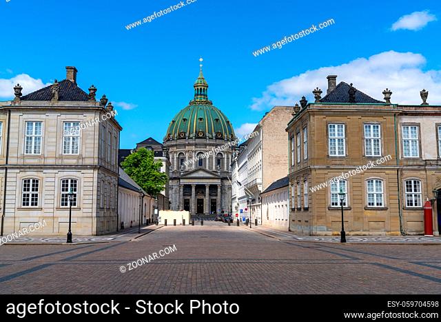 Copenhagen, Denmark - 13 June, 2021: view of the Amalienborg Palaces and the Frederiks Church in downtown Copenhagen