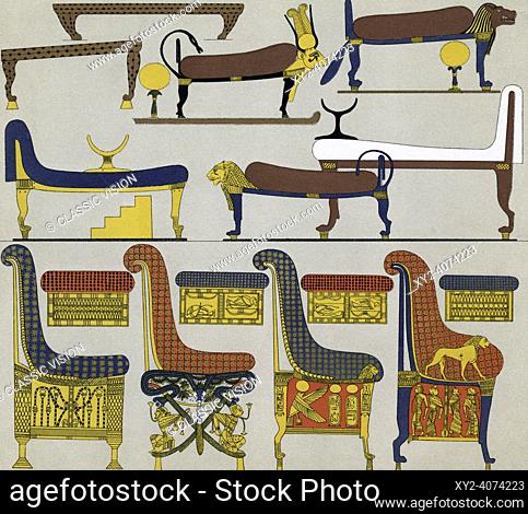 Ancient Egyptian furniture. Chairs, chests, beds. After a 19th century print