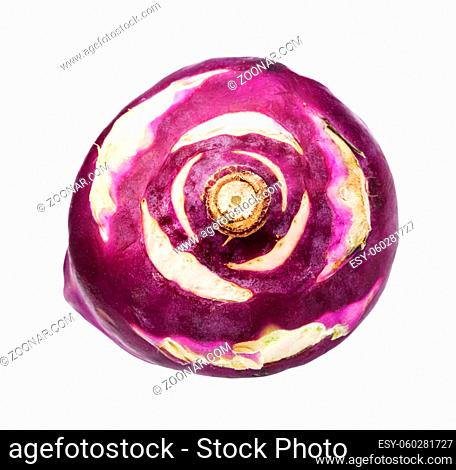 ripe taproot of purple kohlrabi cabbage isolated on white background