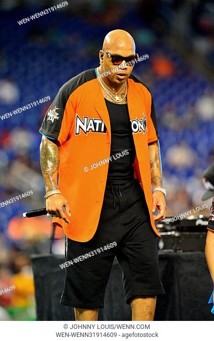 The All-Star and Legends Celebrity Softball Game at Marlins Park in Miami, Florida. Featuring: Flo Rida Where: Miami, Florida
