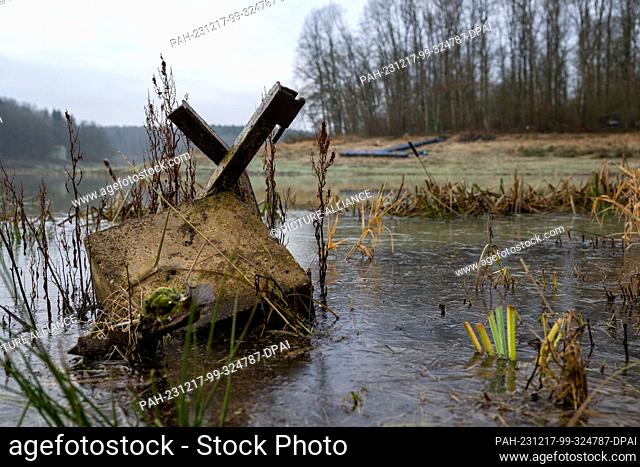 PRODUCTION - 15 December 2023, Bavaria, Stadtlauringen: The anchorage for a boat ramp protrudes from the low water of a lake
