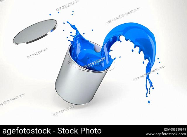silver bucket full of vibrant blue paint, jumping with paint splashing. Isolated on white background with drop shadow