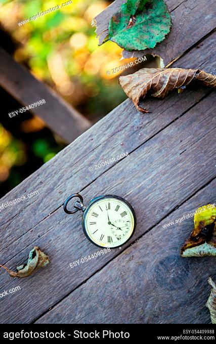 Vintage pocket watch on a wood board, colourful leaves, autumn