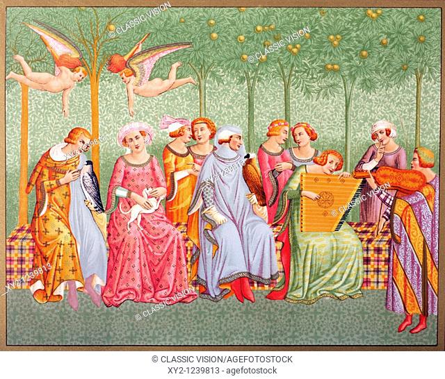 Courtly women listen to music in an orchard  After section of a fresco called Triumph of Death in the Camposanto Monumentale by Buonamico di Martino