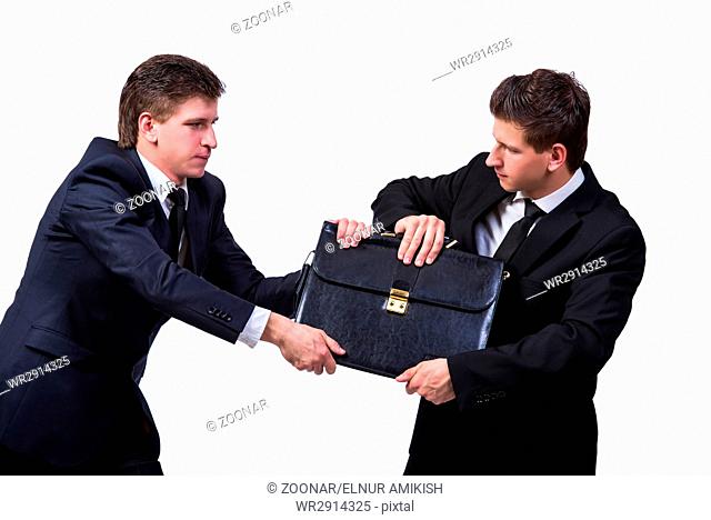 Two twins businessmen arguing with each other isolated on white