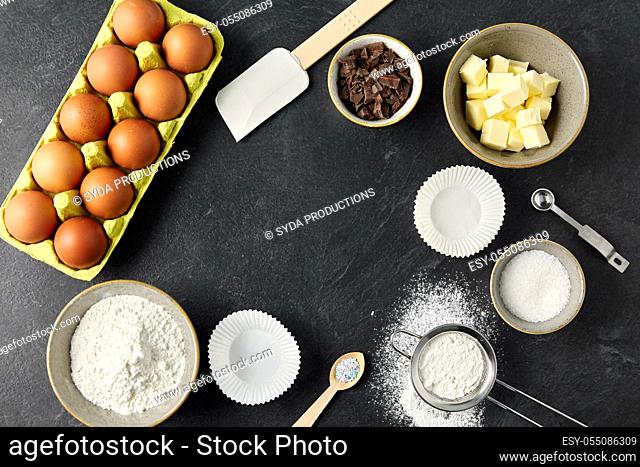 rolling pin, butter, eggs, flour and chocolate