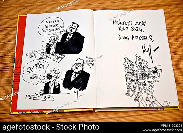 Illustration picture shows a cartoon of Cartoonist Pierre Kroll pictured during a royal visit to the editorial floor of the newspaper Le Soir, in Brussels
