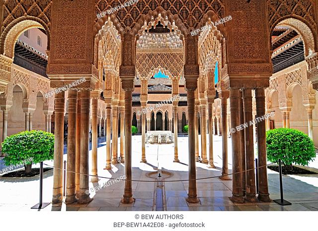 Moorish architecture of the Court of the Lions, the Alhambra, Granada, Andalucia (Andalusia), Spain, Europe