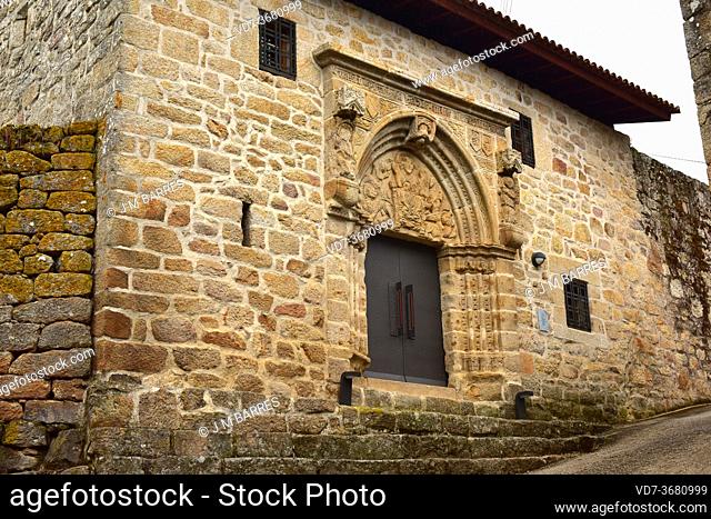 Monterrey castle (Castelo de Monterrei), 10-12th centuries. Pilgrims hospital (14th century), romanesque tympanum. Ourense province, Galicia, Spain