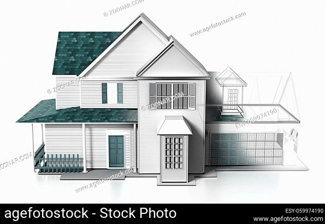 Luxurious modern house with wireframe rendered parts. 3D illustration