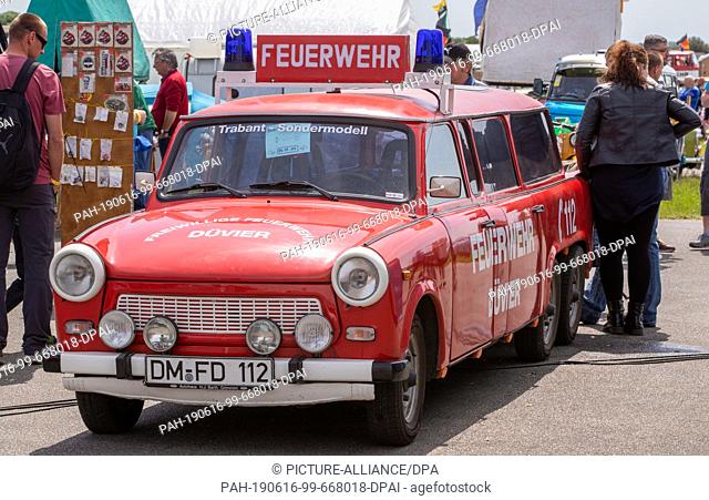 30 May 2019, Mecklenburg-Western Pomerania, Anklam: Trabant brand vehicles can be seen at the 25th International Trabant Meeting. Until 02.06