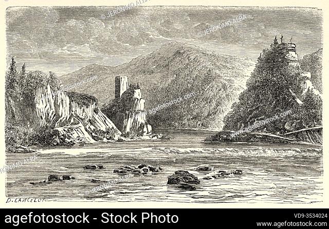 Strudengau and Danube river, Austria Europe. Old 19th century engraved illustration, Le Tour du Monde 1863
