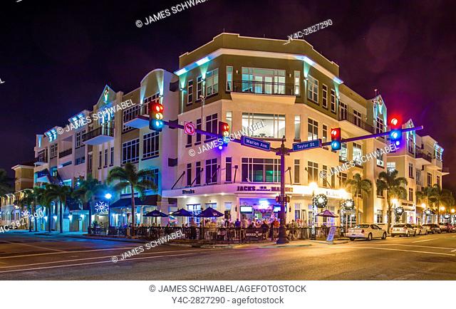 Night scene of building at intersection of West Marion and Taylar Streets in Punta Gorda Florida