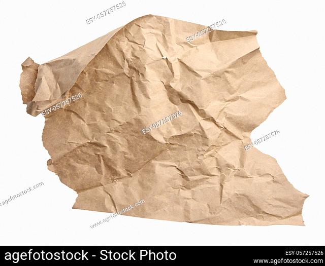 piece of crumpled brown paper isolated on white background, element for designer, torn edges