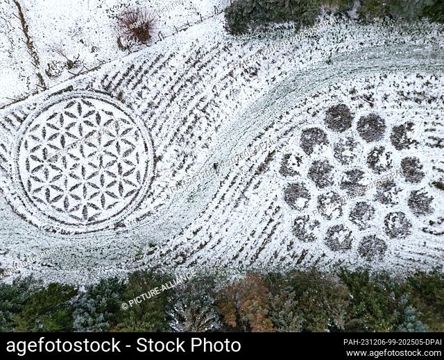 06 December 2023, Brandenburg, Jacobsdorf: Partly covered in snow is a very special meadow for insects by artist Michael Uy (aerial view with a drone)