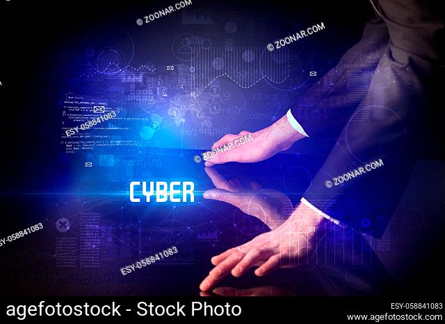 Hand touching digital table with CYBER inscription, new age security concept