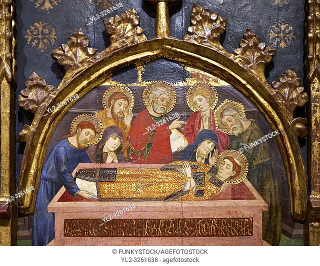 Gothic painted Panel Altarpiece of Saint Stephen by Jaume Serra. Tempera, gold leaf and metal plate on wood. Circa 1385. Dimensions 185. 7 x 186