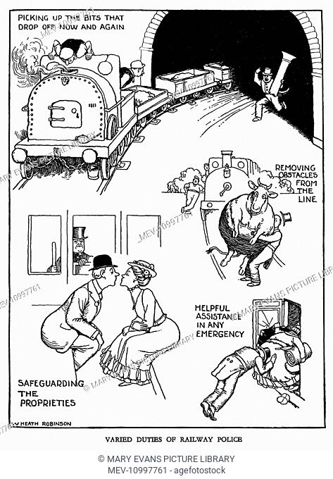 Illustration, Railway Ribaldry by W Heath Robinson -- Varied duties of railway police