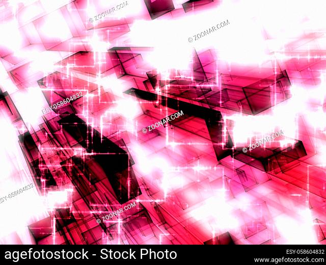 Abstract tech background - computer-generated image. Fractal geometry: glass rectangles with light effects and perspective