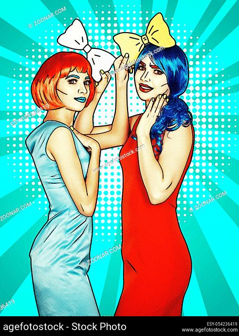 Portrait of young women in comic pop art make-up style. Females in red and blue wigs on green cartoon background. Girls with yellow bow-tie in hands