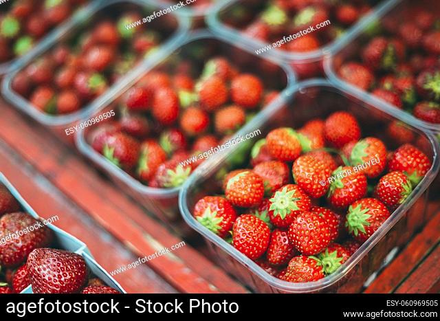 Fresh Organic Red Berries Strawberries At Produce Local Market In Trays