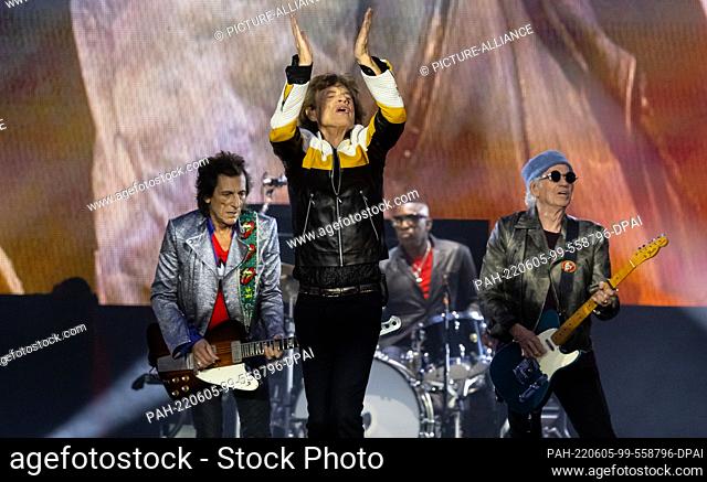 05 June 2022, Bavaria, Munich: Guitarist Ron Wood (l-r), singer Mick Jagger, drummer Steve Jordan iand guitarist Keith Richards of the British band ""The...