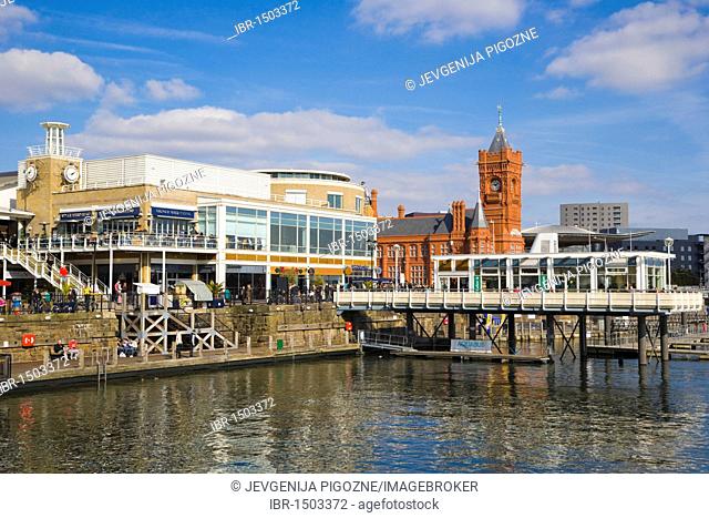 Mermaid Quay with Willows Clock Tower by Andrew Hazell, Tacoma Square and The Pierhead Building, Cardiff Bay, Cardiff, Caerdydd, South Glamorgan, Wales