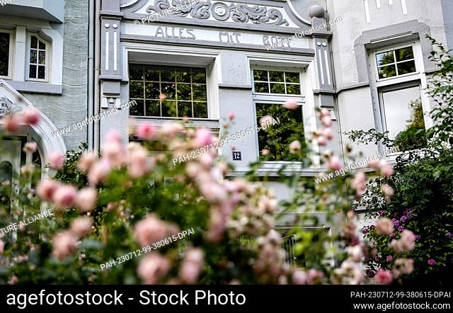 12 July 2023, Schleswig-Holstein, Kiel: Roses grow outside the front door of the house where Schleswig-Holstein's ex-prime minister Heide Simonis lived