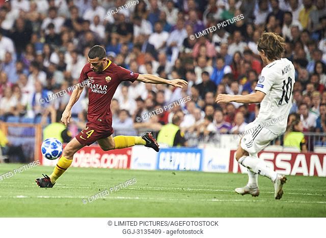 Alessandro Florenzi (midfielder; Associazione Sportiva Romao), Luka Modric (midfielder; Real Madrid) in action during the UEFA Champions League match between...