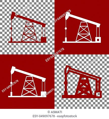 Oil drilling rig sign. Vector. Bordo and white icons and line icons on chess board with transparent background