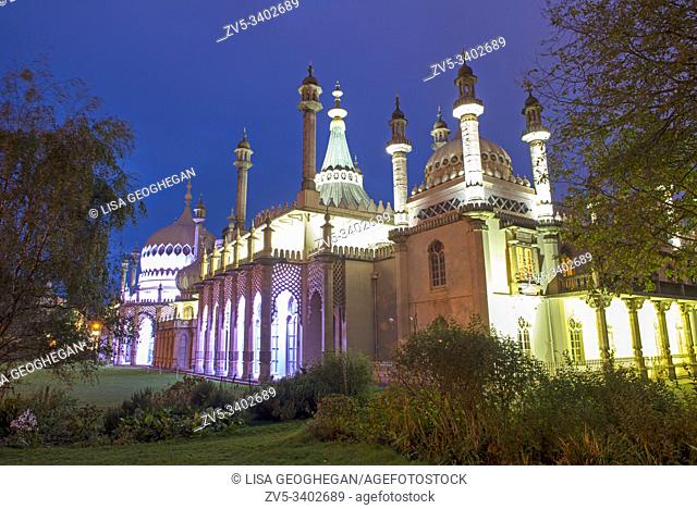Royal Pavillion in Brighton at night. East Sussex, England