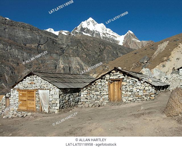 There is a sherpa lodge at Khare village on one of the trekking paths in the Himalayan region, on the route to the Mera NationalPark and Mera Glacier