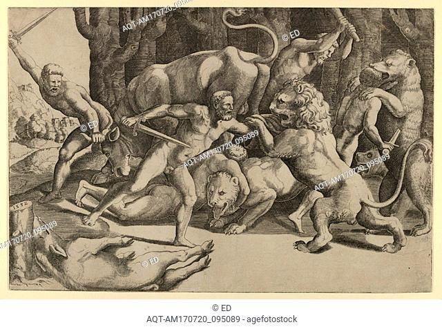 Five men fighting beasts, at lower left is a fallen boar, Master of the Die (Italian, active Rome, ca. 1530–60), After Giulio Romano (Italian