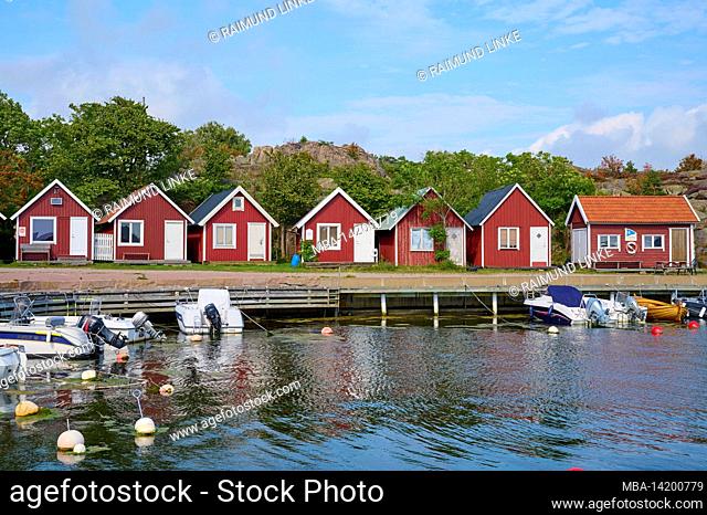 Boathouses, Bunt, Boats, Summer, Hovenäsets, Kungshamn, Bohuslän, Västra Götalands län, Vastra Gotaland, Sweden