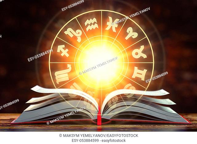 Astrology horoscope concept. Opened book with magic zodiac signs and symbols. 3d illustration