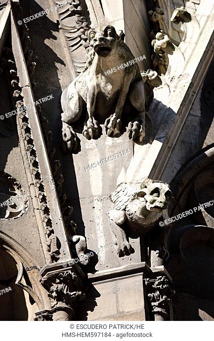 France, Paris, Ile de la Cite, Notre Dame Cathedral, detail of the gargoyles of the Northern facade