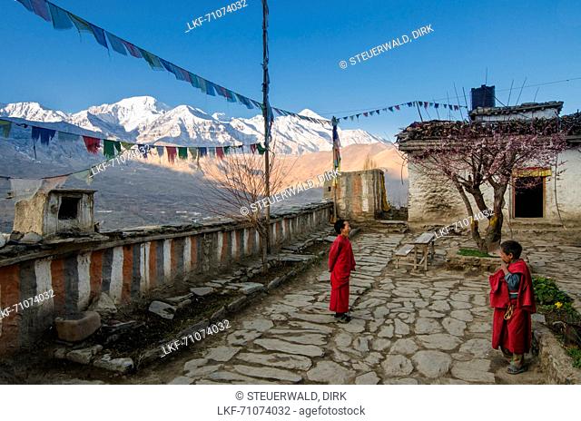 Young monchs in front of the buddhist Gompa of Dzong, Jhong, village at the Annapurna Circuit Trek. In the background Nilgiri (7061 m)