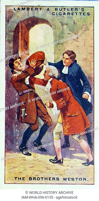 Lambert & Butler, Pirates & Highwaymen, cigarette card showing: the Brothers Joseph and George Weston attacking a man in London