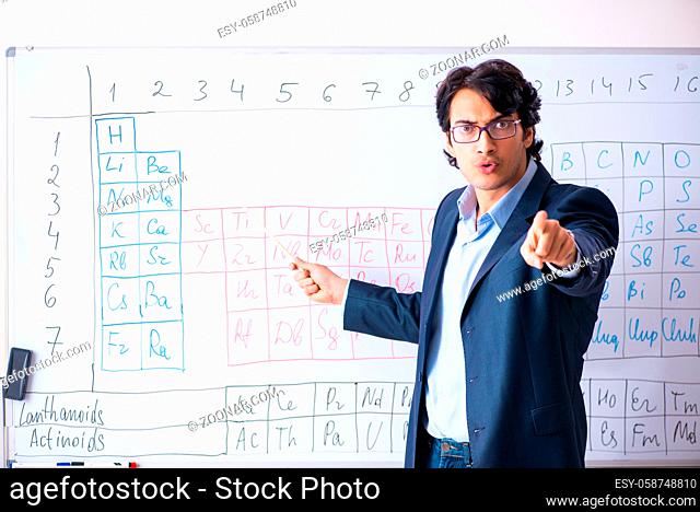 Young male chemistry teacher in front of periodic table